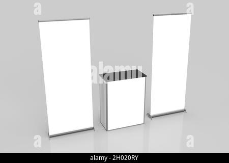 Two White Pullup Banner Exhibition Displays and Point of Sale Table in the middle Isolated on a grey background, Left Perspective View, for mockup and Stock Photo