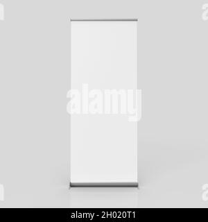 Roll up banner stand isolated on white clean background, Design Template blank pop up banner display template for mockup and illustration, 3D Rendered Stock Photo