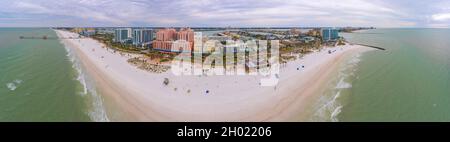 Clearwater Beach panoramic aerial view including Pier 60 Fishing Pier and harbor in a cloudy day, city of Clearwater, Florida FL, USA. Stock Photo