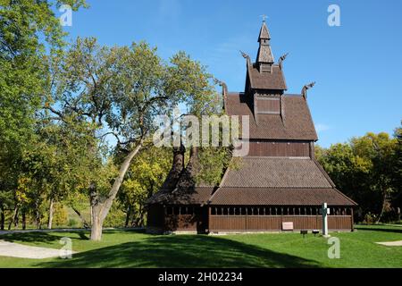 MOORHEAD, MINNESOTA - 4 OCT 2021: Hopperstad Stave Church replica at the Hjemkomst Interpretive Center. Stock Photo