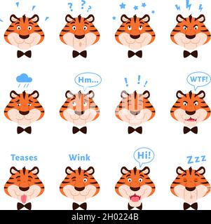 Cartoon tigers heads set with facial expressions. Stock Vector