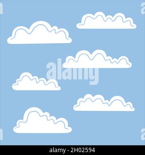 Set of white clouds isolated on blue background. Flat vector illustration Stock Vector