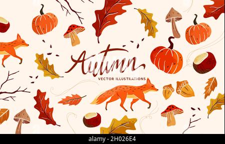 Autumn and nature collection. Autumn seasonal composition with hand crafted fall elements, leaves, mushrooms, pumpkins and animals. vector illustratio Stock Vector