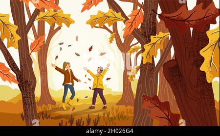 cheerful Children having fun and throwing leaves into the air in a park filled with trees. Autumn Fall people illustration. Stock Vector