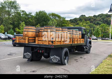 Lynchburg, TN, USA - September 23, 2019:  Jack Daniels truck with many barrels on display in front of the Jack Daniels distillery visitor center. Stock Photo