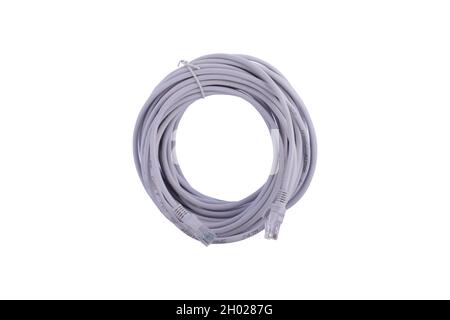gray utp cable for internet connection on white background Stock Photo