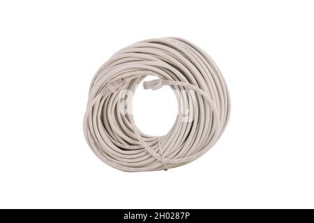 Long gray utp cable for internet connection on white background 2 Stock Photo
