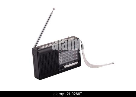 black pocket radio with antenna on white background Stock Photo