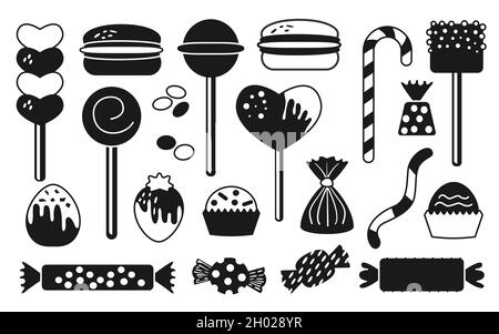 Candy sweets, marshmallow, hard candy on stick, dragee, macaroon, jelly worm, chocolate heart, strawberry, glyph set. Flat and cartoon style. Assorted bonbon isolated on white background. Vector Stock Vector