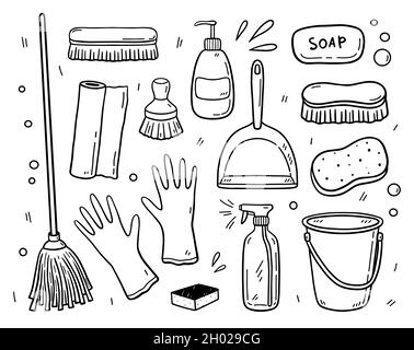 Doodle set of items for cleaning - mop, brushes, detergents, bucket, scoop, rubber gloves, soap, sponges, paper towels. Work equipment for keeping the house clean. Vector hand-drawn illustration. Stock Vector