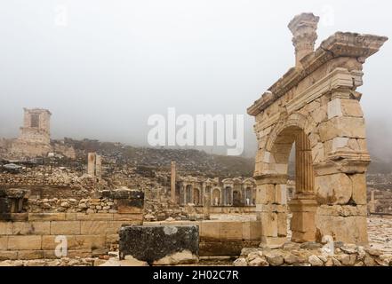 Remained honorific arched gate and Corinthian column in Sagalassos Stock Photo