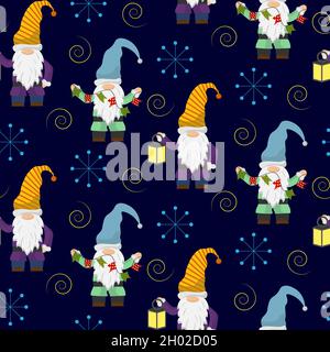 Gnomes with a flashlight and flags. Christmas pattern on a blue background.  Stock Vector