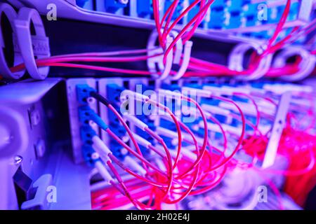 Arrangement of optical fiber cables in server hardware Stock Photo