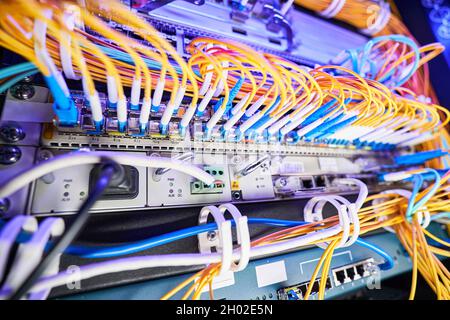 Variety of cables inserted in patch panel of network switch Stock Photo