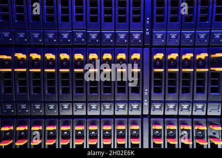 Disk array of network equipment in data storage center Stock Photo