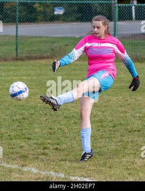 A high school girls soccer game played in Massachusetts Stock Photo