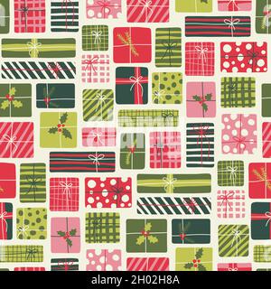 Retro 70s Whimsical Christmas Hand Drawn Gift Boxes Vector Seamless Pattern Stock Vector
