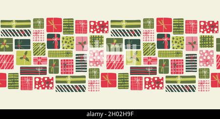 Retro 70s Whimsical Christmas Hand Drawn Gift Boxes Vector Seamless Pattern Border Stock Vector