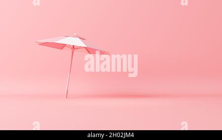 Beach umbrella monochrome pink color background, single color composition.Trendy 3d render for social media banners, promotion, presentation, picture Stock Photo