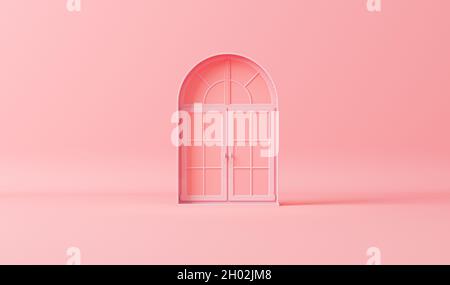 Pink Door, window in monochrome pink color background, single color composition.Trendy 3d render for social media banners, promotion, presentation Stock Photo