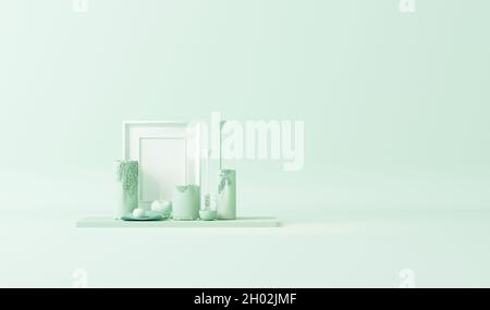 Interior of the room in plain monochrome pastel blue color with decor and room accessories. Light background with copy space. 3D rendering for web pag Stock Photo
