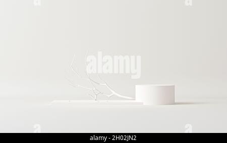 Minimal scene with White dry tree and podium. Trendy 3d render for social media banners, promotion, cosmetic product show. White tree on abstract Stock Photo