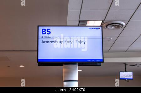 Midway airport Chicago IL USA; June 3, 2021 sign in an airport, at a southwest airlines gate Stock Photo