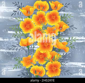 Flowers of orange, California poppy on gray, textured background, painted over with stripes of white paint. Stock Vector