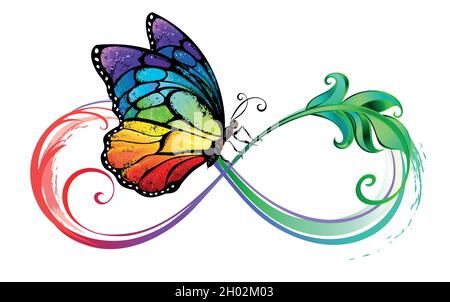Elegant infinity symbol, embellished with green, patterned leaf with seated detailed, rainbow, vibrant butterfly on white background. Stock Vector
