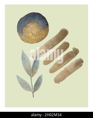Abstract composition with watercolor golden round shapes and nature elements. Contemporary art interior poster or design template. Stock Vector
