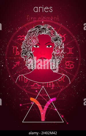 Vector illustration of Aries zodiac sign, constellation and portrait beautiful girl on abstract background with horoscope circle. Mysticism, esoteric, Stock Vector