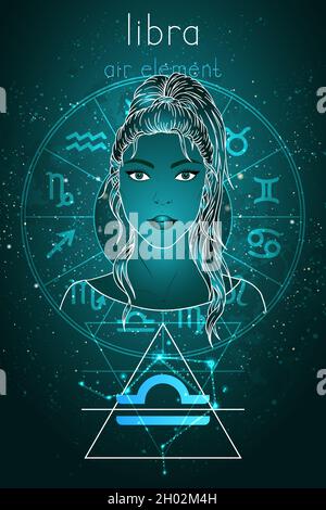 Vector illustration of Libra zodiac sign, constellation and portrait beautiful girl on abstract background with horoscope circle. Mysticism, esoteric, Stock Vector