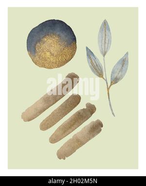 Abstract composition with watercolor golden round shapes and nature elements. Contemporary art interior poster or design template. Stock Vector