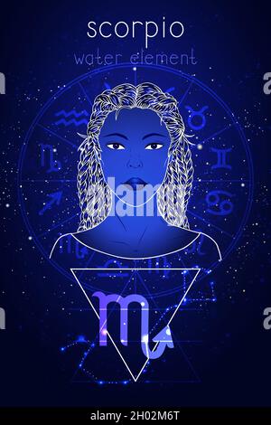 Vector illustration of Scorpio zodiac sign, constellation and portrait beautiful girl on abstract background with horoscope circle. Mysticism, esoteri Stock Vector