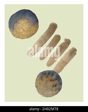 Abstract composition with watercolor golden round shapes and nature elements. Contemporary art interior poster or design template. Stock Vector