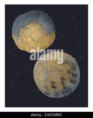 Abstract composition with watercolor golden round shapes and nature elements. Contemporary art interior poster or design template. Stock Vector