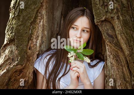 a young adult brunette woman in white clothes stands near the trunk of a large tree and holds leaves in her hands. Close-up portrait in daylight. Stock Photo