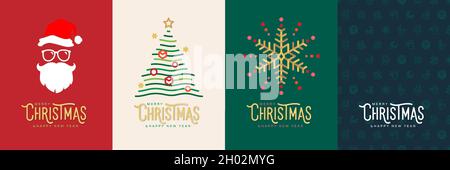 Merry christmas and happy new year card greeting invitation vector illutration. Santa claus, christmas tree, snowflake decoration, seamless icon backg Stock Vector