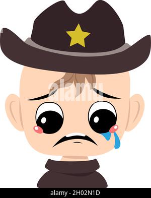 Boy with crying and tears emotion, sad face, depressive eyes in sheriff hat with yellow star. Head of cute child with melancholy expression in carnival costume for the holiday Stock Vector