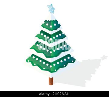 Isometric Christmas Tree in Snow Caps with Balls and Blue Star. Vector Illustration. 3d Icon Isolated on White. Happy New Year. Stock Vector