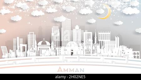 Amman Jordan City Skyline in Paper Cut Style with White Buildings, Moon and Neon Garland. Vector Illustration. Travel and Tourism Concept. Stock Vector