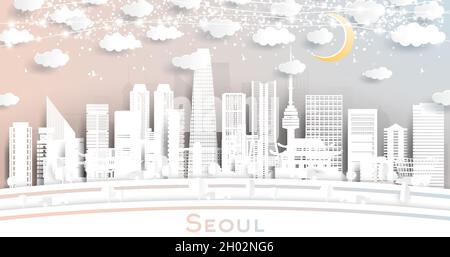 Seoul South Korea City Skyline in Paper Cut Style with White Buildings, Moon and Neon Garland. Vector Illustration. Travel and Tourism Concept. Seoul Stock Vector