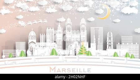 Marseille France City Skyline in Paper Cut Style with Snowflakes, Moon and Neon Garland. Vector Illustration. Christmas and New Year Concept. Stock Vector