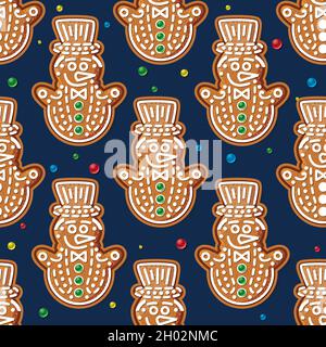 Seamless Pattern with Gingerbread Snowman on Blue. Christmas Cookie. Vector Illustration. Stock Vector