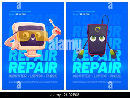 Gadgets repair service cartoon ad posters, computer and smartphone characters, cute pc desktop in protective glasses and screwdriver in hand. Vector mascots fixing broken electronics device repairment Stock Vector