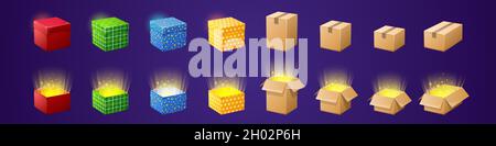 Gift and cardboard boxes for game gui design. Vector cartoon set of colorful present packages with reward, prize or surprise and carton parcels. Closed and open containers with gold light inside Stock Vector