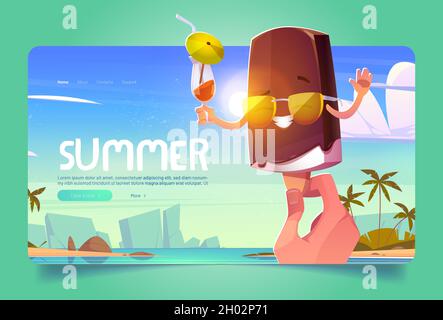 Summer ice cream cartoon landing page, hand holding funny popsicle character wear sunglasses and drinking cocktail, eskimo with kawaii face expressing emotions, melting on heat, vector web banner Stock Vector