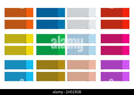 Colorful cargo containers set perspective view. Flat and solid color vector illustration. Stock Vector