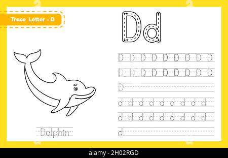 Trace letter D uppercase and lowercase. Alphabet tracing practice preschool worksheet for kids learning English with cute cartoon animal. Coloring boo Stock Vector