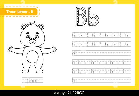 Trace letter B uppercase and lowercase. Alphabet tracing practice preschool worksheet for kids learning English with cute cartoon animal. Coloring boo Stock Vector